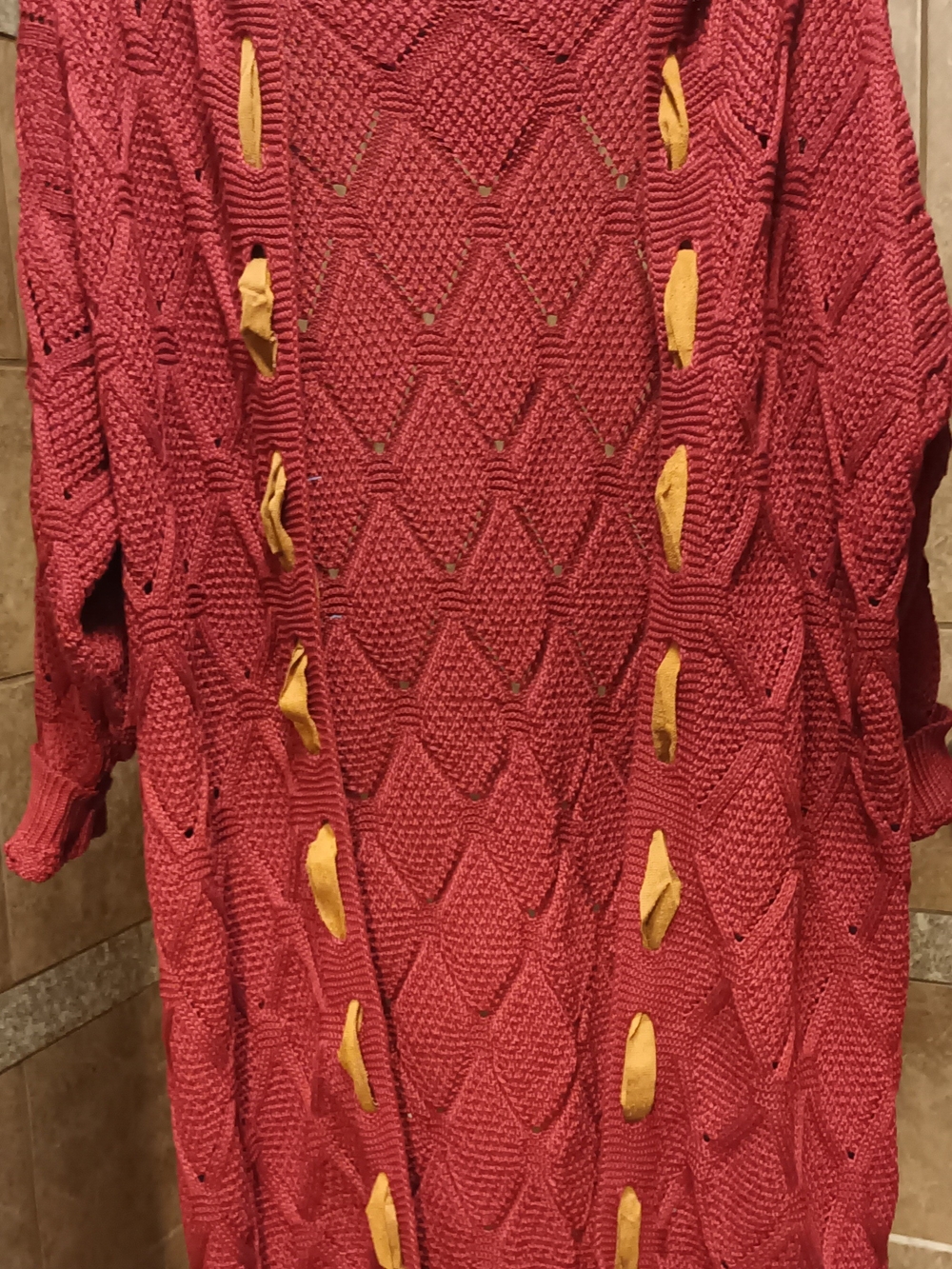 Women's Red Knit Cardigan with Tan Accent